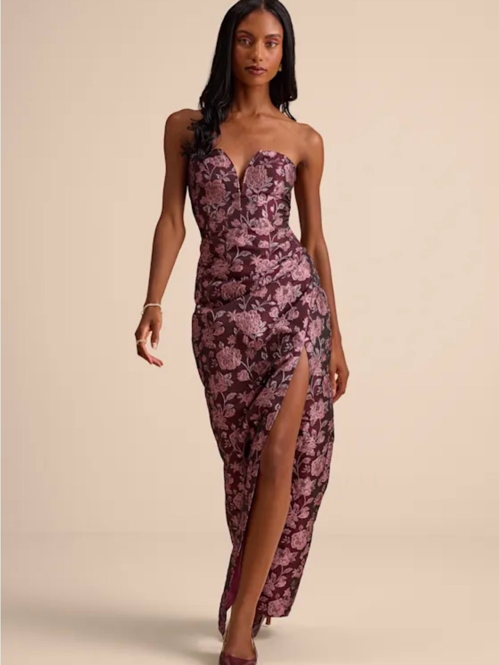 Lulu's Plum Strapless Floral Jacquard Gown with Side Slit
